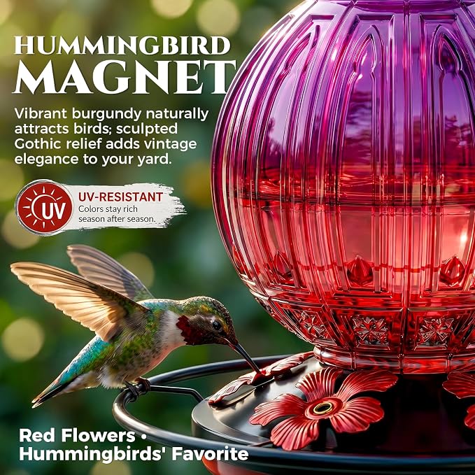 2 Pack Glass Hummingbird Feeder for Outdoors Hanging, Bird Nectar Feeder with Perch & 5 Flower Feeding Ports, 26 Oz Leak Proof for Outside Garden Decor Backyard, Gifts for Women Mom, Red + Purple Red