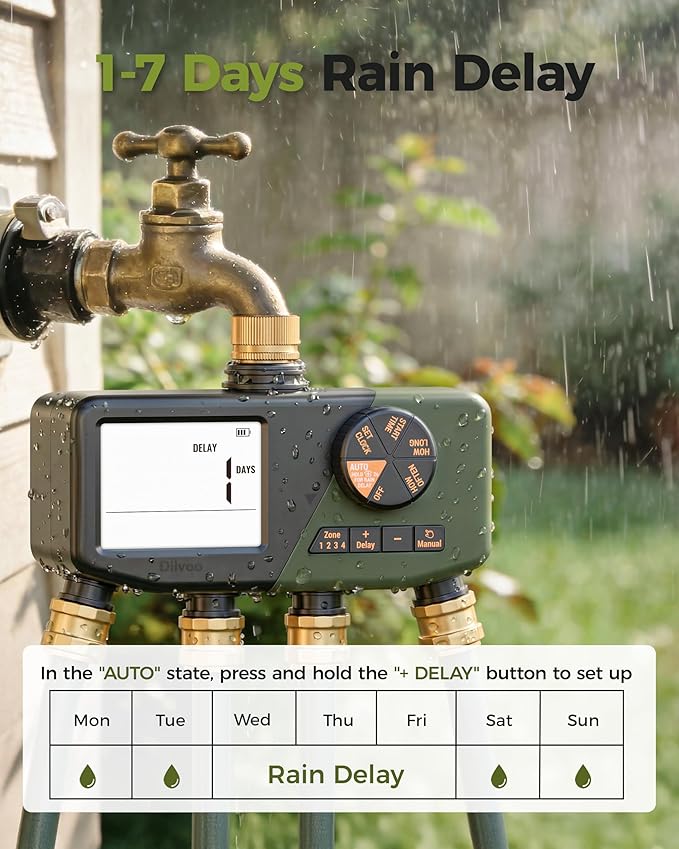 Diivoo 4 Zone Sprinkler Timer with Brass Inlet, IP68 Waterproof 4 Zone Water Timer with Large Display, Digital Control & Rain Delay & Manual Watering for Garden Hose, Lawn, Yard
