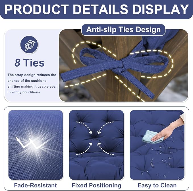 Porch Swing Cushions 70 inch Waterproof & Fade Resistant Thicken 5" Outdoor Swing Cushions 3 Seater Replacement with Backrest & Ties Patio Swing Cushions for Outdoor Furniture (Navy Blue)