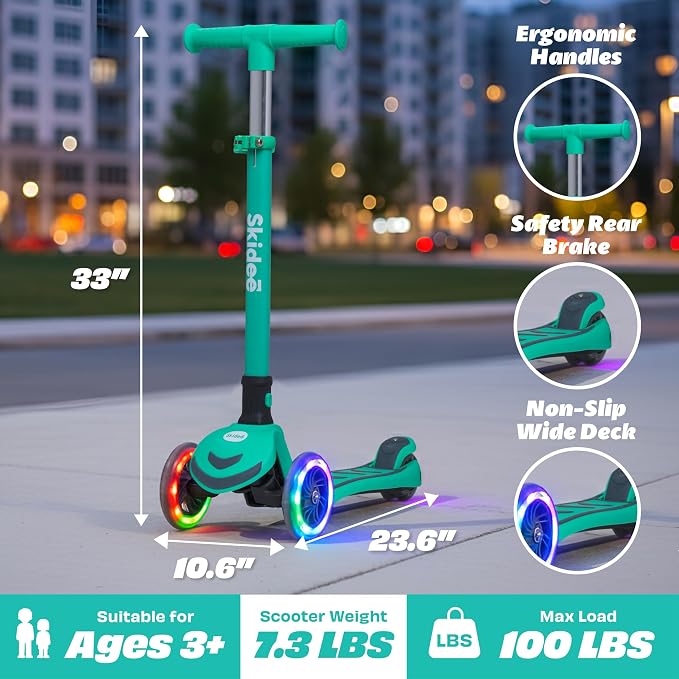 SKIDEE Kick Scooter for Kids Ages 3-5 | Foldable 3 Wheel Scooter with Lean-to-Steer, Adjustable Height, Removable Seat & LED Light Wheels | Toddler Scooter Up to 12 Year Old Boys/Girls