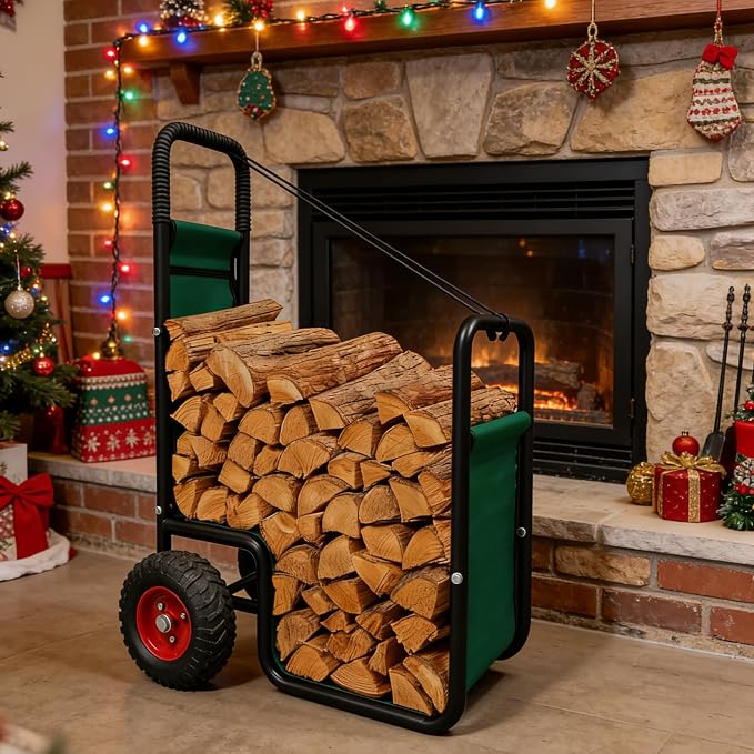 Firewood Cart with Wheels - Heavy Duty Outdoor Log Rack Holder Easy Transport for Fireplace Garden & Garage - Portable Storage Mover 220LB Capacity Waterproof
