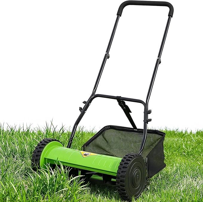 FDW 15-Inch Manual Push Reel Lawn Mower with 5 Steel Blades, Adjustable Cutting Height & Grass Catcher – Cordless, Eco-Friendly Yard and Garden Cleaner