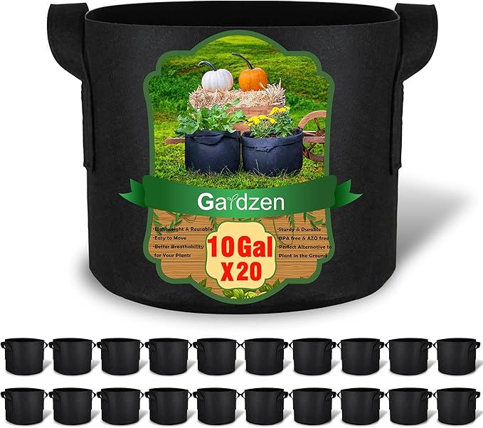 Gardzen 20-Pack 10 Gallon Grow Bags, 300G Thickened Aeration Fabric Pots with Handles, Heavy Duty Plant Bags for Plants