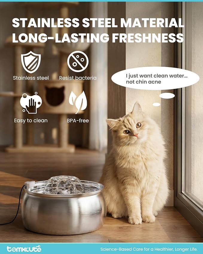 Tomxcute Cat Water Fountain Stainless Steel: 4L/135oz Large Capacity Dual-Mode Flow Ultra Quiet Pump Filtered Circulating Water for Multiple Pets Indoor with 3 Replacement Filters
