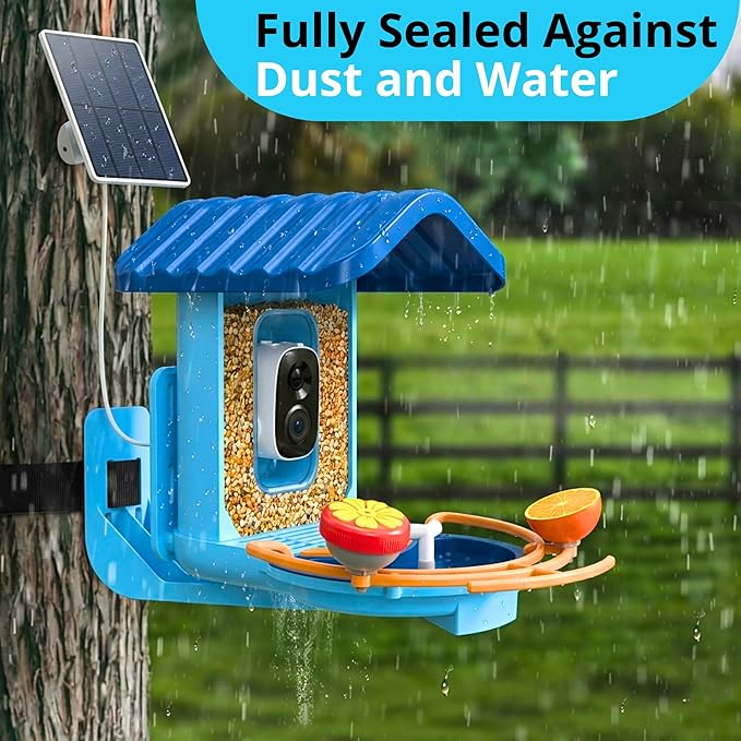 Bird Feeder with Camera, 2K HD Smart Outdoor Bird Feeder, Solar Powered 5200mAh Battery, AI Bird Identification (10,000+ Species), Motion Detection Alerts, Night Vision, Bathing Area, OKAM Pro App