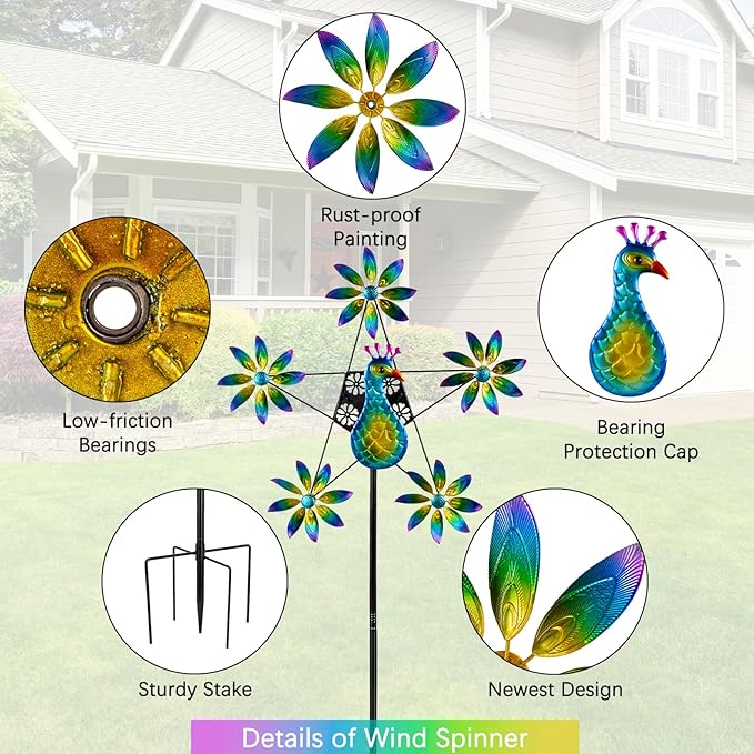 Peacock Wind Spinner with Colorful Flowers, 24.4" D*74" H Large Garden Wind Sculpture, Metal Peacock Decor Kinetic Sculpture for Garden Yard Patio