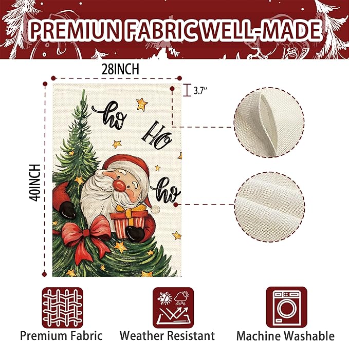 Christmas Tree Santa Claus Welcome House Flag 28x40 Inch Double Sided, Xmas Holiday Winter Burlap Large Yard Flag Farmhouse Flags Seasonal Patio Outdoor Outside Decoration
