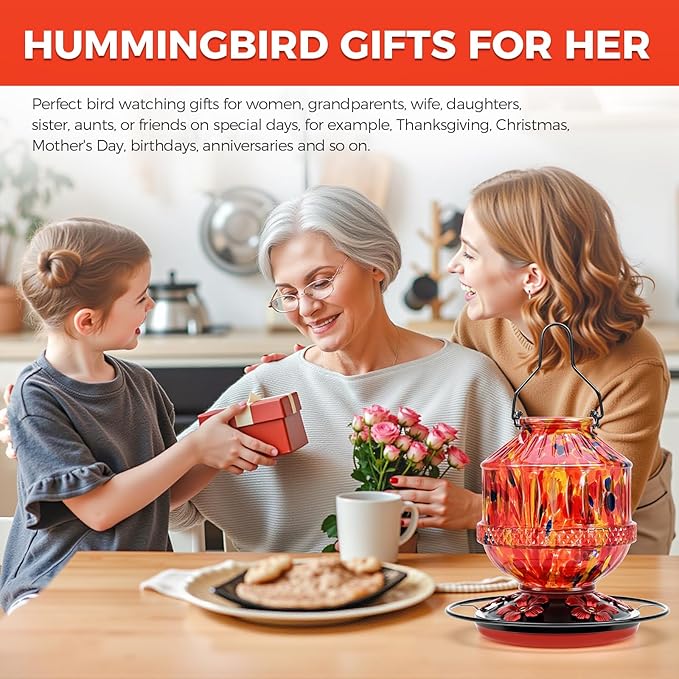 Blown Glass Hummingbird Feeders for Outdoors, 25 Ounces Wild Bird Nectar Feeder with Perch & 5 Flower Feeding Ports Leak Proof Hanging for Garden Backyard Decor, Gifts for Women Mom, Sunrise Red