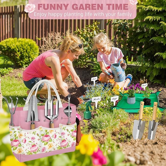 22PCS Garden Tools Set for Women,Mothers Day Garden Gifts for Mom Beginner,Heavy Duty Hand Tool Kit Gardening Supplies Included Handy Tote Bag/Trowel/Repotting Mat/Rake/Pruner/Gloves/Plant Tags -Pink