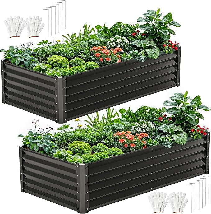 DWVO 2pcs 6 x 3 x 1.5 FT Raised Garden Bed Kit, Outdoor Galvanized Flower Bed with Gloves, Large Metal Planter Box for Vegetables, Flowers, Herbs, Fruits, Black