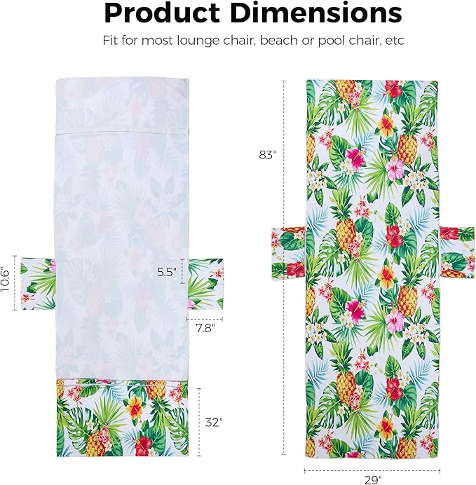 Lounge Chair Towel Covers, 2 Pack Outdoor Chaise Lounge Slipcover, 83" X 29" Pineapple Floral Microfiber Beach Chair Cover, Soft Absorbent Chaise Cover with Pockets for Pool Garden Patio