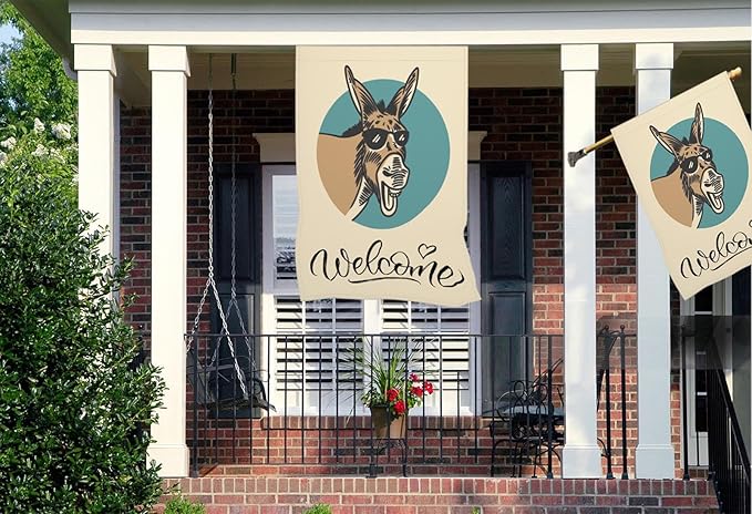 Mugod Funny Donkey House Flags for Outdoor Decoration, Donkey With Sunglasses Happy Wildlife Large Yard Flag Burlap Banner 28 x 40 Double Sided Seasonal Flag Outside