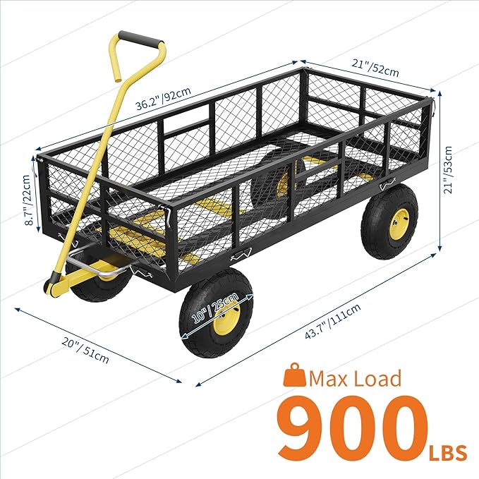 GarveeLife 900 LBS Garden Dump Cart with Removable Sidewalls, Heavy Duty Steel Dump Wagon with 180° Swivel Handle & 10 in Tires, Yard Cart Utility Wheelbarrow for Backyard Farm