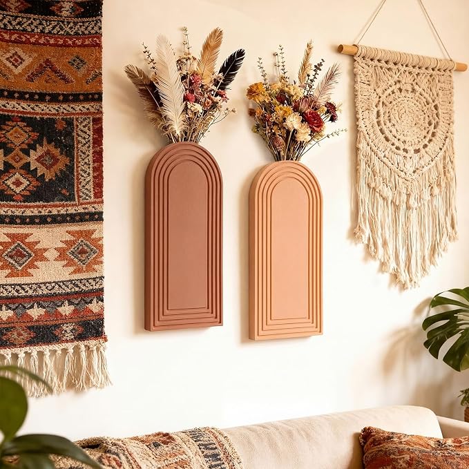6 Pack Boho Wooden Wall Vase Hanging Wall Planters Decor Modern Farmhouse Plant Holders for Indoor Living Room Bedroom Bathroom Kitchen Home Office Decoration(Light Colors)