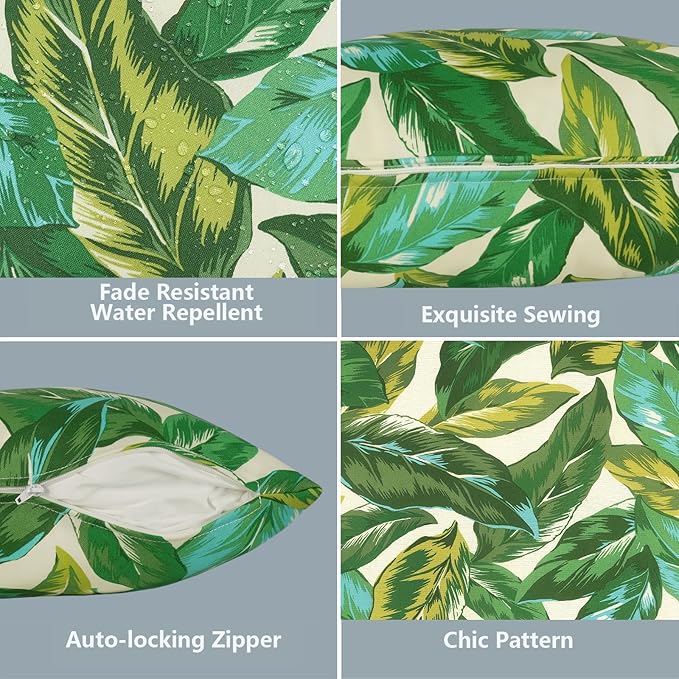 LVTXIII 2 Pack Outdoor Throw Pillow Covers for Patio Furniture, 16x16 Inch Square Pillow Case, Water-Repellent Cushion Covers for Garden, Porch, Sofa, Lush Leaf Jungle