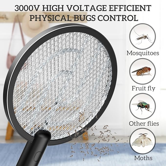 Electric Fly Swatter PALONE, 4000V Dual Modes Bug Zapper Racket, Mosquito Killer with Type-C Charging Dock, Insect Zapper with 3-Layer Safety Mesh Electric Fly Swatter for Indoor/Outdoor, Black 2 Pcs