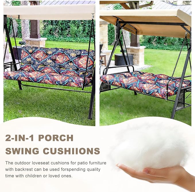Porch Swing Cushion with Backrest,Waterproof Bench Cushion for Outdoor Furniture,2-3 Seater Replacement Thickened Swing Cushion with Ties,Patio,Outdoor,Backyard and Garden (Bohemian,47x40)