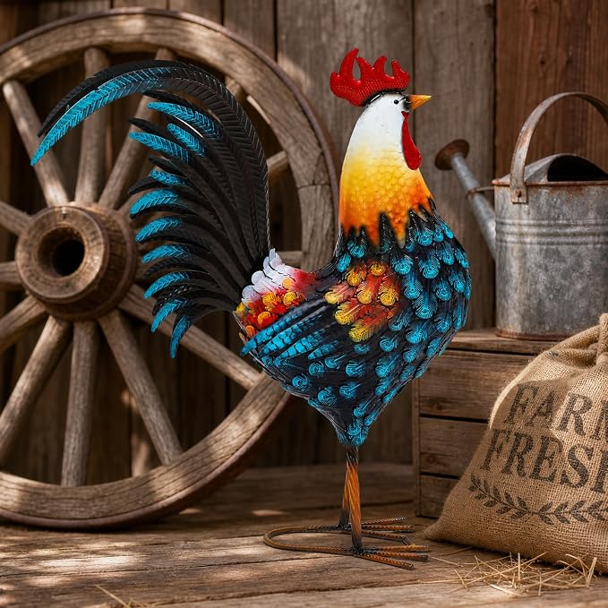 32in Large Metal Rooster Decor, Outdoor Garden Statues, Metal Chicken Sculpture for Backyard Patio Garden Kitchen Décor
