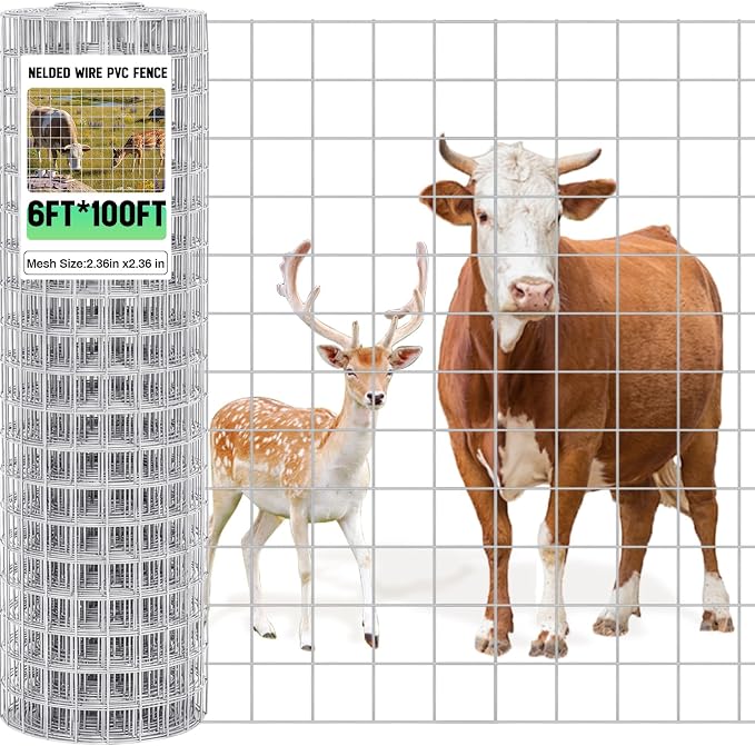 Gisafai 16 Gauge Galvanized Welded Wire Fence 6 ft x 100 ft PVC Coated Hardware Cloth, 2.36" x 2.36" Mesh, Heavy Duty Garden Fencing Roll for Yard Chicken Dog, Deer Cattle & Animal Protection(Silver)