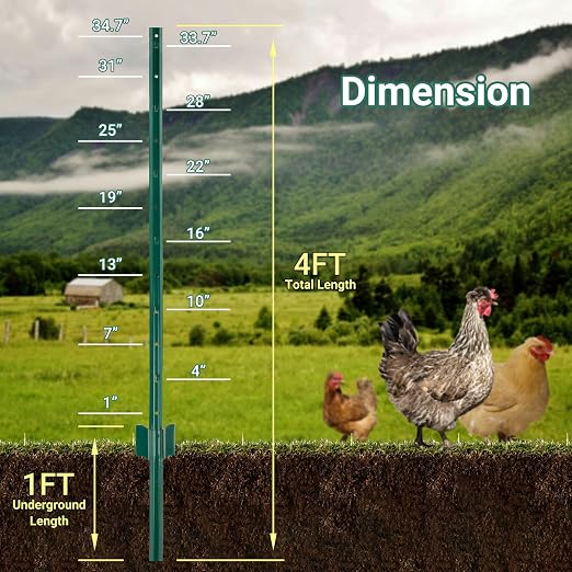 Metal Fence Posts 4 FT, 16 Packs Green No Dig T Posts, Heavy Duty U Posts for Fences Wire Mesh, Perfect for Temporary Fencing, Electric Fence Wire, Corner Anchor