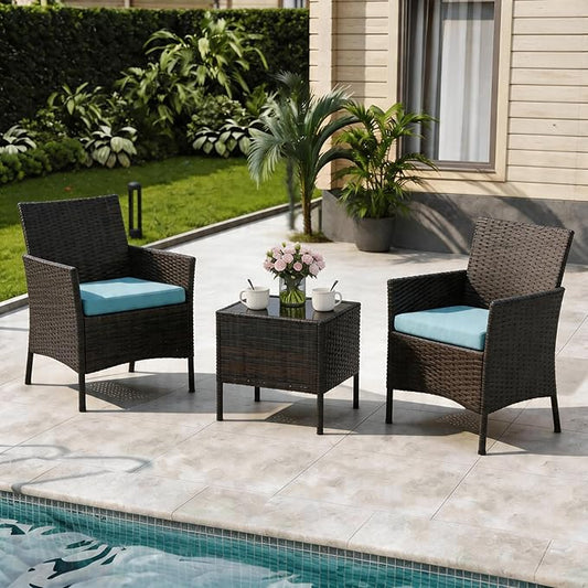3-Piece Outdoor Furniture Set, PE Rattan Wicker Chairs with Soft Cushions & Tempered Glass Coffee Table - All-Weather Patio Set for Garden, Backyard, Porch, Poolside (Brown/Dark Blue)