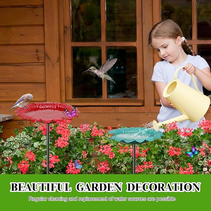 4 PCS Metal Bird Baths for Outdoors, Small Garden Bird Bath with Metal Stake, Hummingbird Feeder for Yard Lawn Decoration (4P-Red Yellow Blue Green)