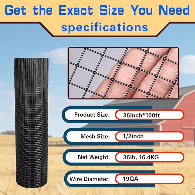 Hardware Cloth 1/2inx36inx100ft, Chicken Wire Fencing Welded Wire Mesh Vinyl PVC Coated Mesh Coop Garden Plant for Rabbit Snake Rodent Foxes Raccoons Poultry Netting Cage Farm Protection