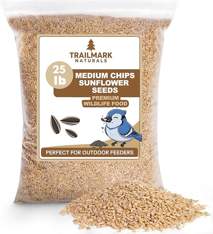 25 LB Medium Sunflower Chips, Shelled Seeds for Birds – Premium Wildlife & Bird Food – Grown in USA - Non-GMO - Medium Chip Sunflower Seeds for Wild Birds and Backyard Feeders