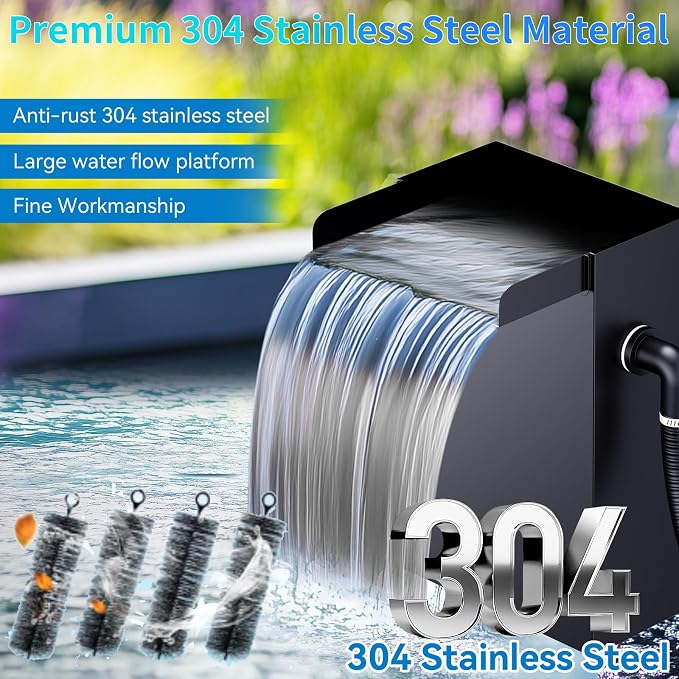 POPOSOAP 70W Pond Waterfall Spillway with Pond Pump, 304 Stainless Steel Waterfall Kit with 9.8FT Corrugated Tube Pond Waterfall Box, Pond Spillway for Outdoor Pond Waterfall Water Features-P5703H