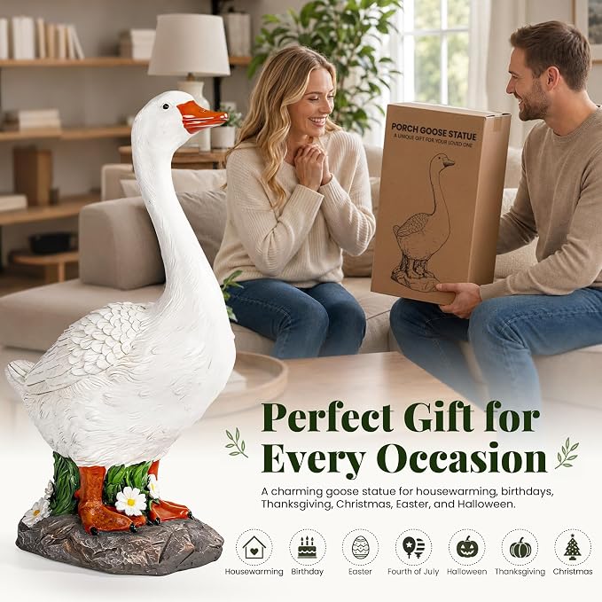 GIGALUMI 19" Large Porch Goose Statue, Durable Resin Garden Decor, Hand-Painted Animal Sculpture Indoor Outdoor, Patio Lawn Yard Art Ornaments, Birthday Housewarming Gift for Women Mom Grandma Friends