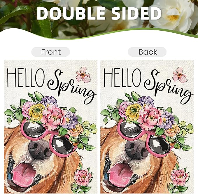 Hello Spring House Flags for Outdoor Decoration, Dog with Flowers Hat Large Yard Flag, Seasonal Decorative Celebration Decor for Summer Farmhouse Holiday Outside 28x40 Inch Vertical Double