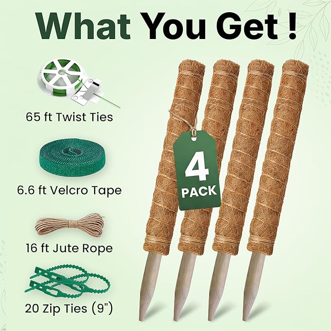 4 Pack 16" Moss Pole Monstera Plant Support - Stackable up to 48" - Plant Stakes for Indoor Climbing Plants Potted - Tall Coco Coir Pole Sticks & Accessories for Monstera, Pothos & Philodendron
