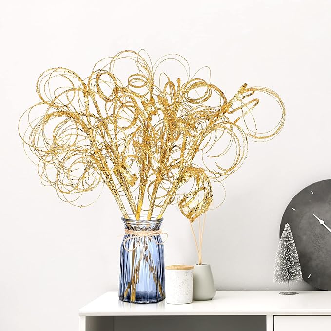 Yinder 18.5'' Glitter Curly Christmas Spray Wispy Christmas Picks Artificial Curly Twigs Branches for Vases Glitter Branches for Xmas Tree Vases Wreath Garland Banquet Decoration, 5 Pieces(Gold)
