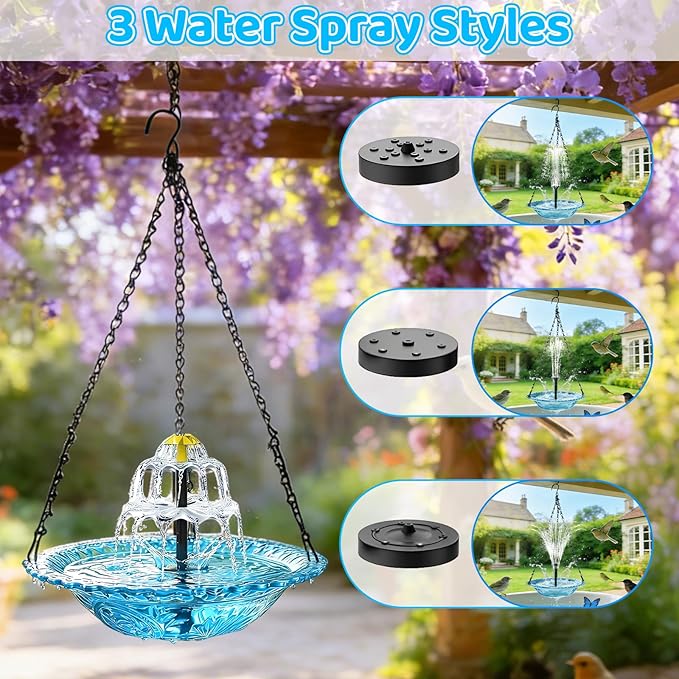 Hanging Solar Bird Bath Fountain, 3 Layers Outdoor Cascading Bird Bath with Solar Pump, 3 Nozzles & Blue Glear Bowl, Attracts Wild Birds for Garden, Backyard, Pergola