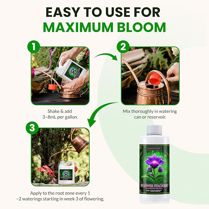 Humboldts Secret Flower Stacker | 0-7-5 Bloom Booster with Vitamin B1 | High Phosphorus Potassium Flowering Nutrients | Potting Soil Hydroponics Coco | Indoor & Outdoor Plants | 8 Ounce