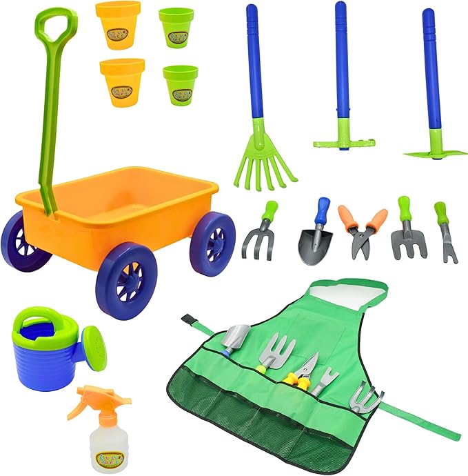 4E's Novelty 15 Piece Gardening Tools & Wagon Toy Set with Plastic Wheelbarrow, Apron, STEM Pretend Play Outdoor Toy for Toddlers Kids Boys Girls
