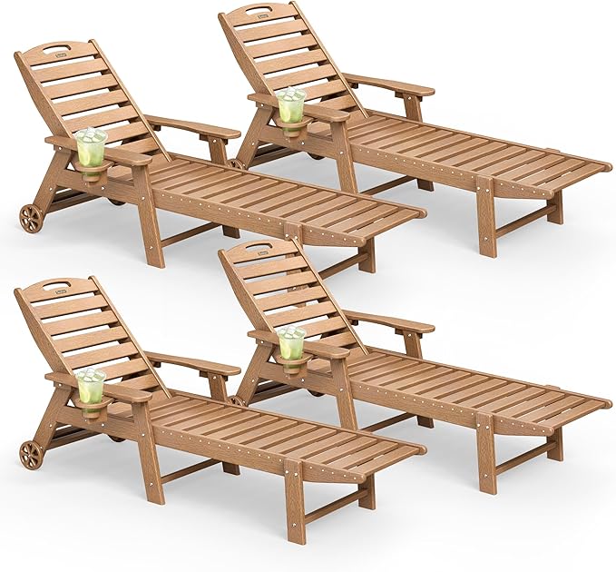Lounge Chair Outdoor Set of 4 with Wheels, Adjustable 5-Position Chaise Lounge Outdoor, Patio Lounge Chair for Poolside Backyard, Teak