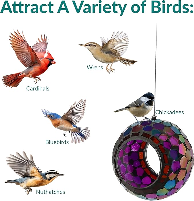 Sunnydaze 6-Inch Glass Mosaic Hanging Bird Feeder for Outdoors - Fly-Through Glass Bird Feeder for Cardinals, Jays, Finches and More - Iridescent Purple Mosaic