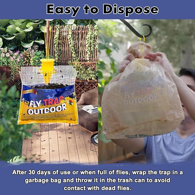 Disposable Fly Traps 10 Pack Bags Outdoor, Flies Catcher Traps with Natural Pre-Bait Refill Repellent, Reusable Stable Horse Ranch Trapper Outdoor Hanging Fly Killer Helps Control Flies
