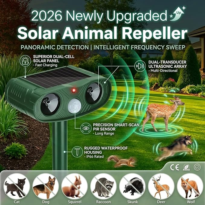 Ultrasonic Animal Repellent Outdoor Cat Deer Repellent Devices, Solar Animal Repeller Motion Detection, Cat Repeller Outdoor to Scare Squirrel Dog Repellent Deterrent for Yard (4Pack) (4)