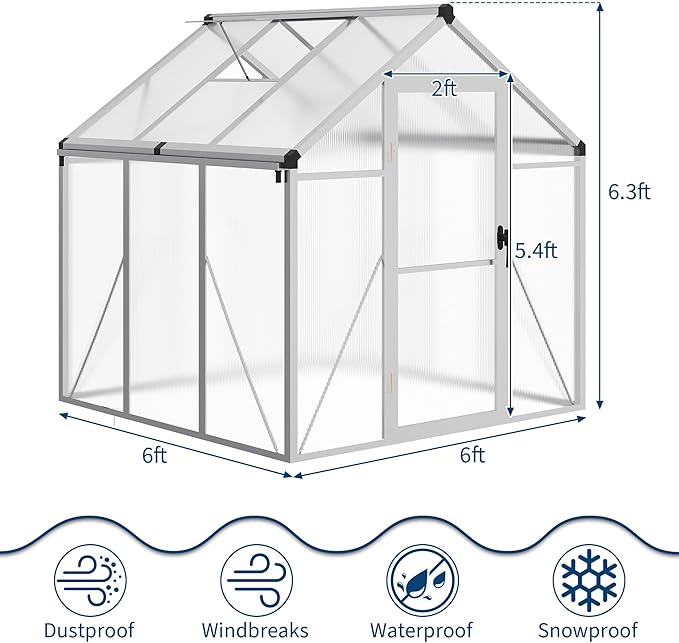 6×6 FT Greenhouse, Large Walk in Greenhouses for Outdoors and Garden Planting, Polycarbonate Greenhouse with Enhanced Aluminum Frame, Green Houses with Quick Setup Structure and Roof Vent, Silver