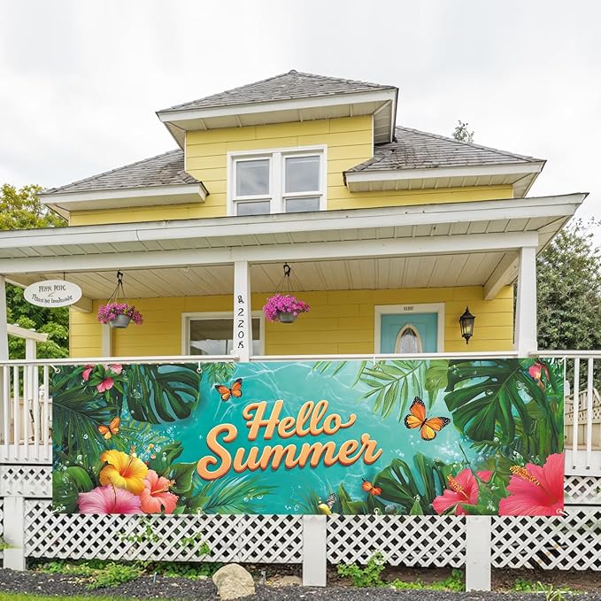 10x3 ft Extra Large Summer Banner Outdoor 115''x35'' Hello Summer Banner for Fence Outside Garden Large Flower Banners Yard