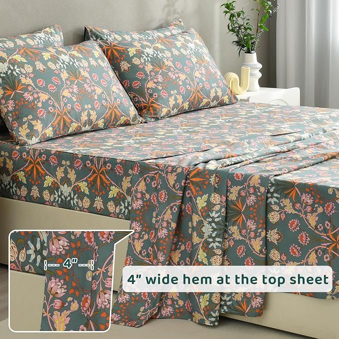 QSH Floral Egyptian Cotton Sheets Set King Size, Luxury Silk Feel Paisley Botanical Flower Pattern Printed King Bed Sheets Sets Aesthetic Soft and Breathable 4pcs Deep Pockets Bedding Sheets