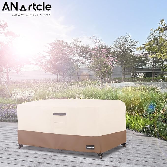 ANartcle Patio Coffee Table Cover, 600D Waterproof Heavy Duty Rectangular Outdoor Table Cover,Patio Furniture Covers,48 x 28 x 16 inch,Beige&Brown.