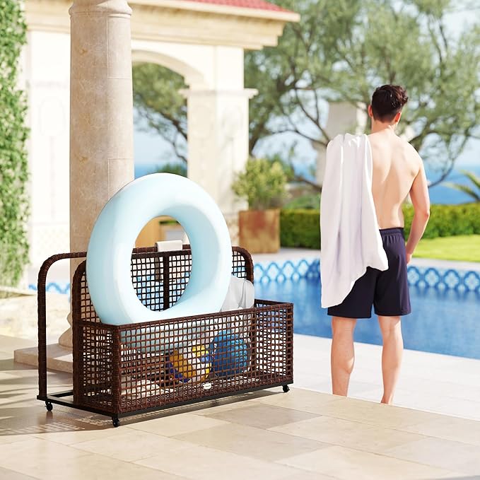 Outsunny Patio Wicker Pool Float Storage with Wheels, Outdoor Rolling PE Rattan Pool Caddy, Includes Compartment and Basket, for Pool, Garden, Deck, Brown