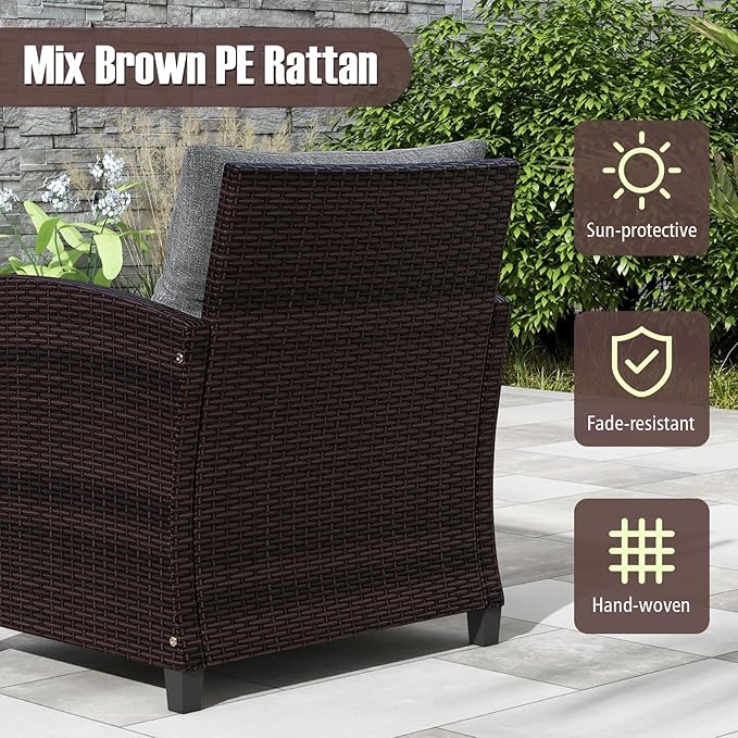 COSTWAY 3PCS Patio Furniture Set, PE Rattan Wicker Sofa w/Washable Cushion and Coffee Table, Tempered Glass Tabletop, Outdoor Conversation Set for Balcony, Porch, Yard, Backyard, Lawn (Grey)