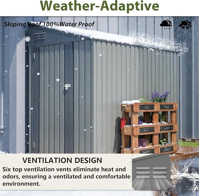 YOPTO 4×7 FT Outdoor Metal Storage Shed,Heavy-Duty Lean to Storage Shed with Lockable Door and Reinforced Beams,All Weather Waterproof Storage House W/2 Air Vents,for Backyard,Patio,Lawn,Gray