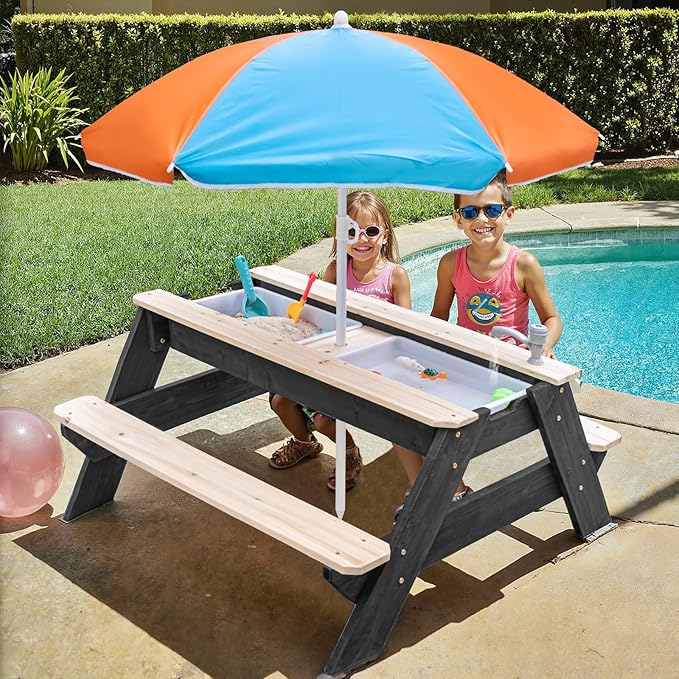Kids 3-in-1 Sand & Water Table, Wood Outdoor Convertible Picnic Table w/Umbrella, 2 Trays, Removable Top with Faucet, Picnic Table for Outdoor Playset (Black/Orange)