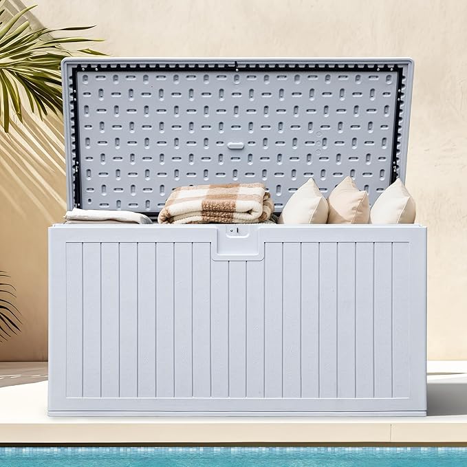 DWVO 230 Gallon Resin Outdoor Storage Box, XXL Double-Wall Waterproof Deck Box with Divider, Doubles as Table or Seating with 1000 lbs Capacity, Lockable (Grayish-White)