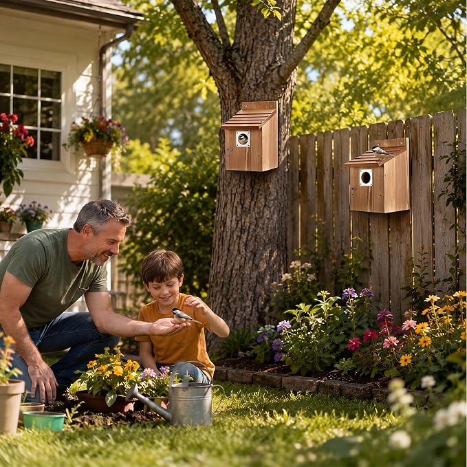 Dreyoo 4 Pack Bluebird Houses for Outside with Metal Predator Guard, 1-1/2" Entrance Hole Wooden Blue Bird Houses for Outdoors, Bluebird Nesting Box(Burnt Wood)